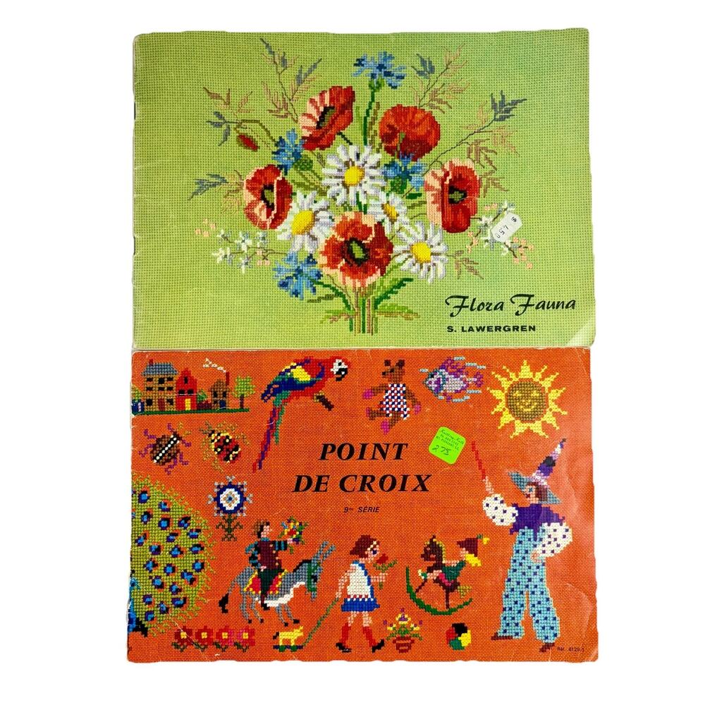 Vtg POINT DE CROIX 9me Serie & FLORA FAUNA Lawergren Cross Stitch DMC Book Lot